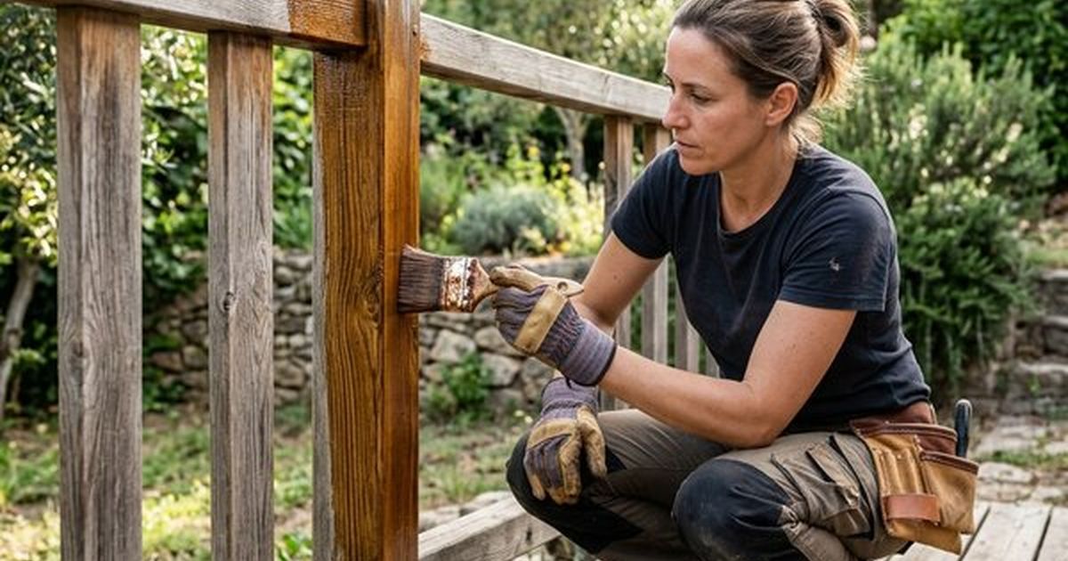Aplicación de protector sobre una barandilla de madera de exterior