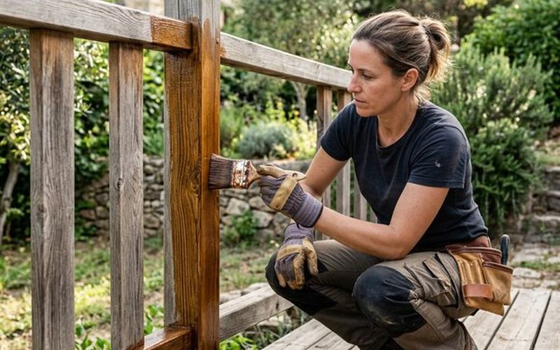 Aplicación de protector sobre una barandilla de madera de exterior