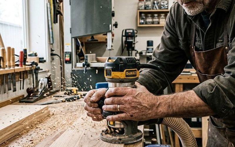 Carpintero trabajando a mano una pieza de madera en el banco del taller