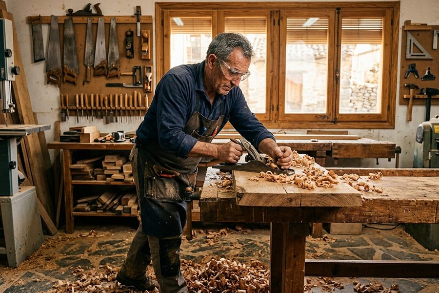 Carpintero cepillando a mano una tabla de madera maciza en el taller de Soria