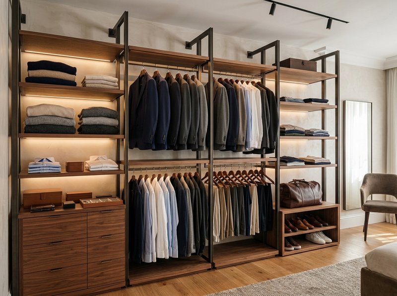 Vestidor abierto sin puertas con módulos de madera y metal