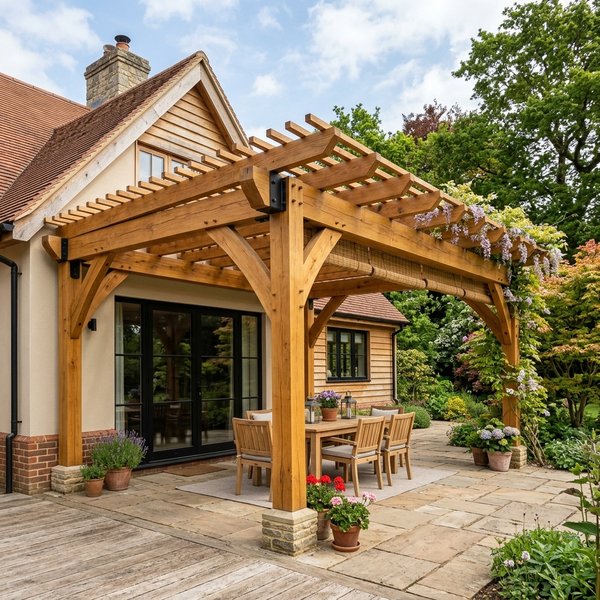 Pérgola de madera laminada adosada a una vivienda con cubierta en Soria