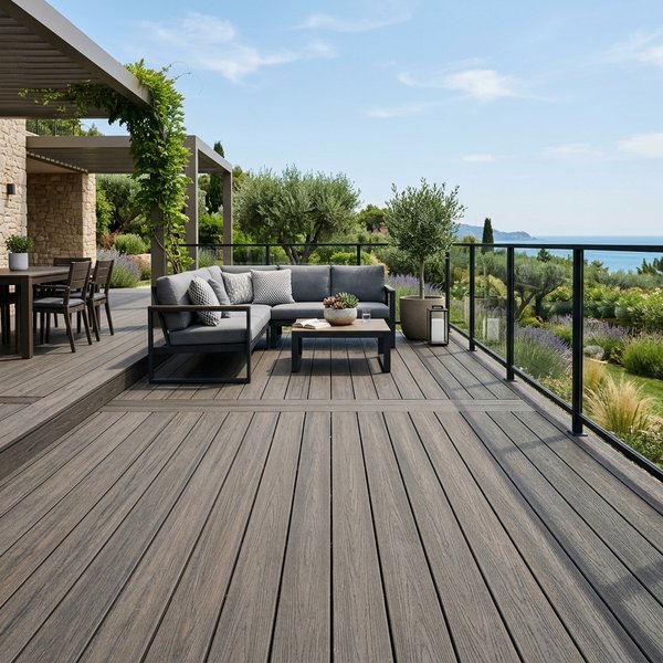Tarima de terraza de composite WPC gris instalada en una vivienda de Soria