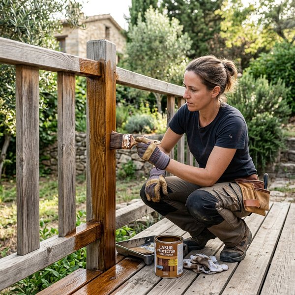 Aplicación de lasur protector sobre una pérgola de madera de exterior en Soria