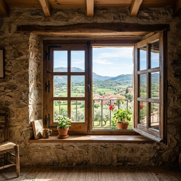 Ventana abatible de madera de pino laminado instalada en vivienda de Soria
