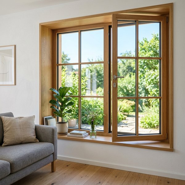 Ventana mixta madera-aluminio con cara interior de madera y exterior de aluminio