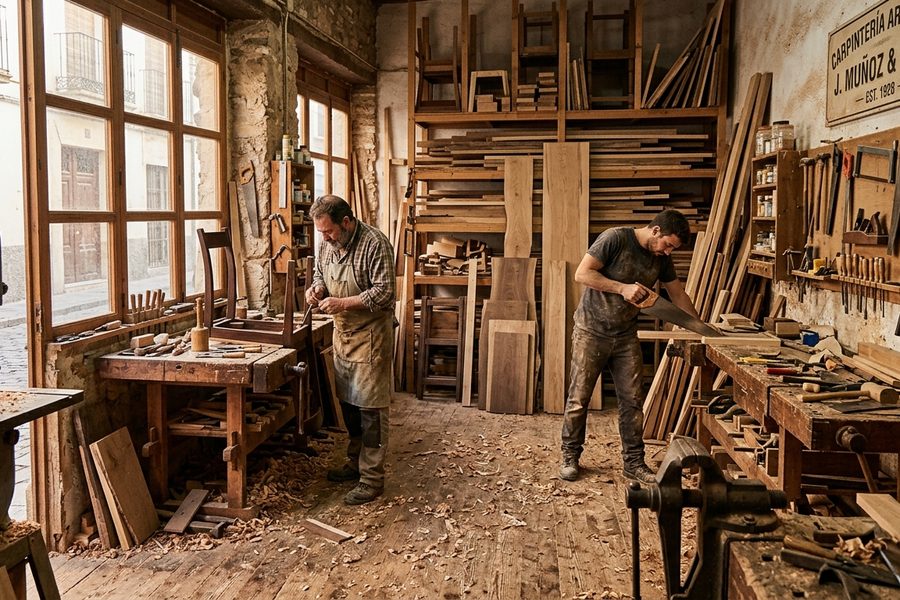 Interior del taller de carpintería en Soria con dos carpinteros trabajando piezas de madera