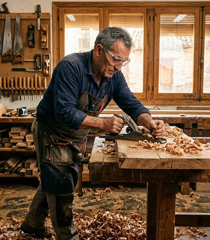 Carpintero cepillando a mano una pieza de madera maciza en el taller de Soria