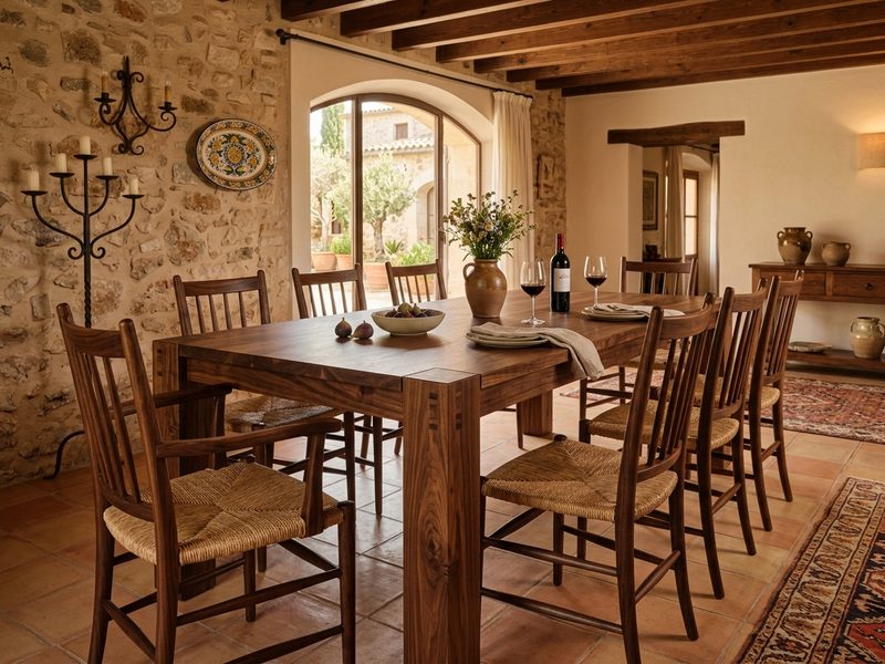 Mesa de comedor y sillas de madera maciza a medida en una casa de piedra de Soria